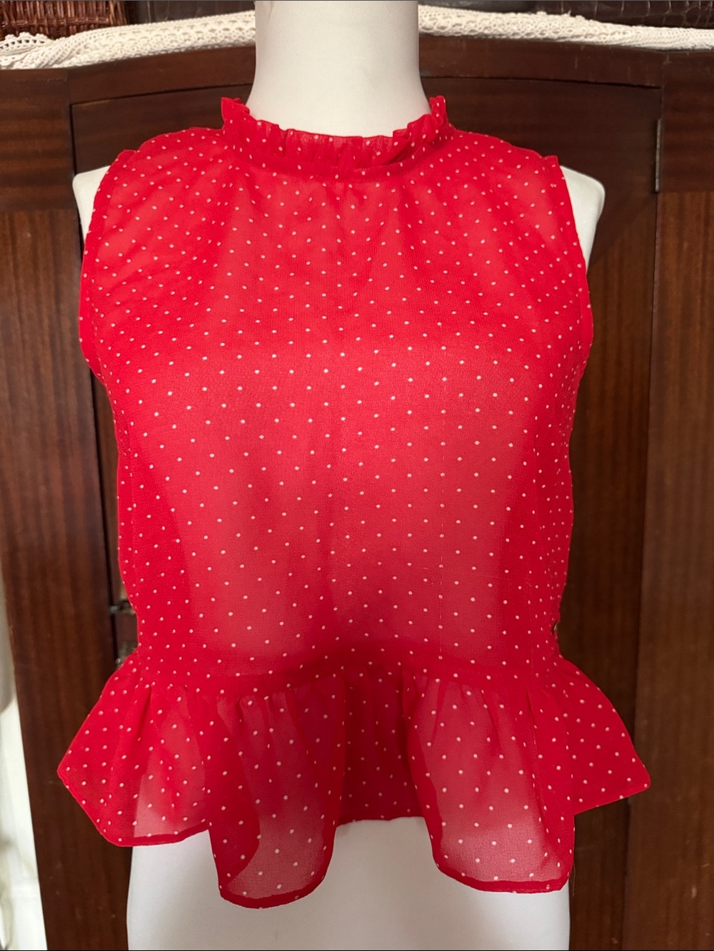 Red Polka Dot Semi-sheer Peplum Sleeveless Top